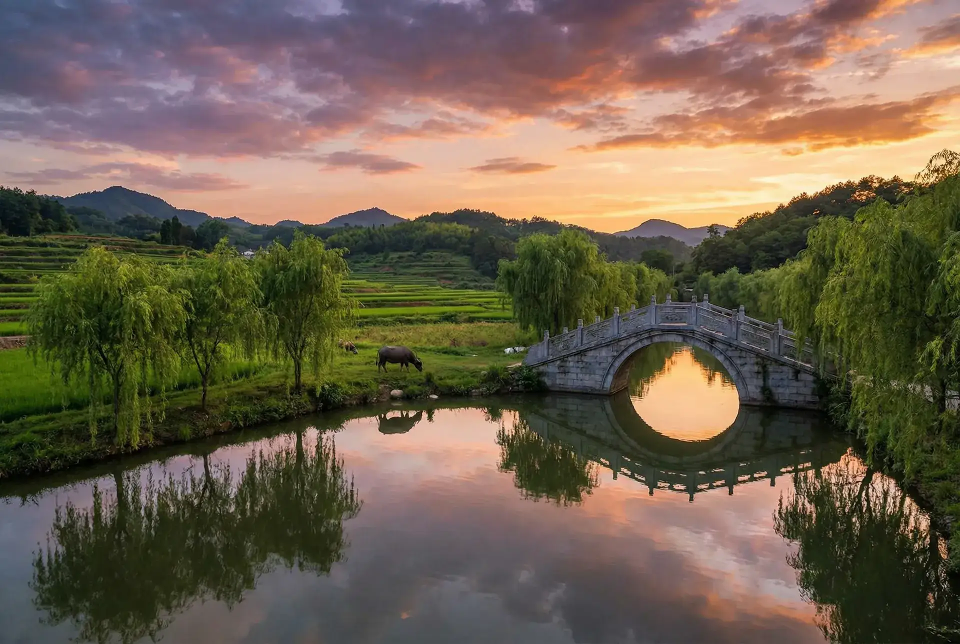 夕阳下的石拱桥与垂柳，水牛在河边吃草 - 十年一品温如言电影在线观看 乡村美景